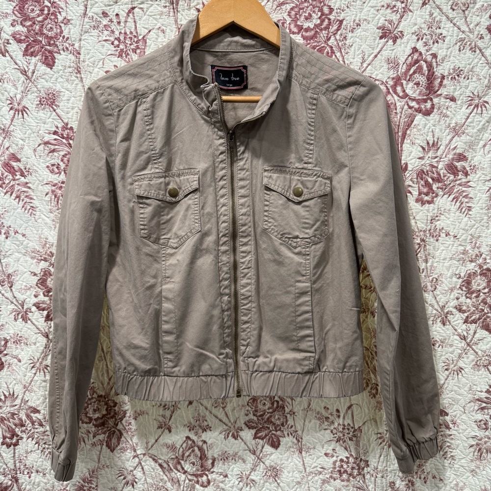 Love Tree Taupe Cotton Utility Zip Jacket Size Large